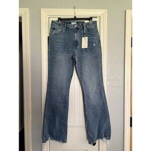 KanCan Hawthorne High Rise Flare Jeans 13/30‎ Petite Medium Wash Raw Hem